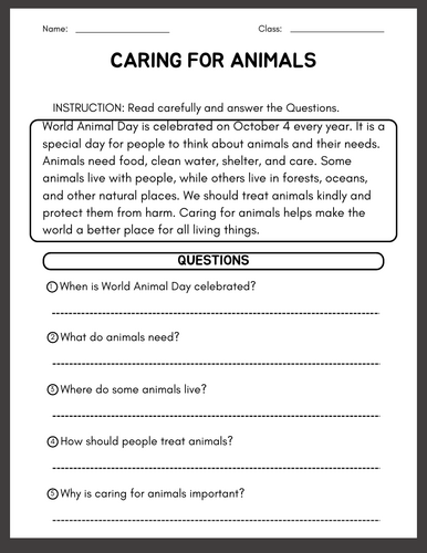 World Animal Day Reading Comprehension | 20 Passages with Questions ...
