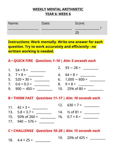 Year 6 Weekly Mental Maths - Mental Arithmetic Worksheet | Week 6