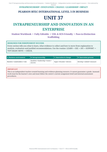 BTEC Business Unit 37 | Intrapreneurship & Innovation in an Enterprise | Level 3