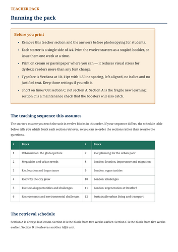 AQA GCSE Urban Issues Retrieval Starters
