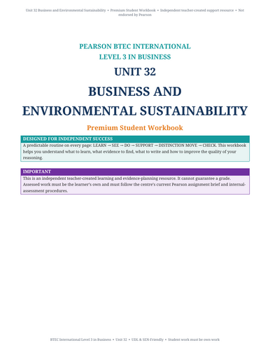 BTEC Level 3 Business Unit 32: Business and Environmental Sustainability | 50-Page Workbook