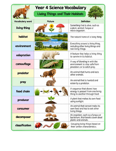 Year 4 Science Vocabulary – Living Things & Habitats