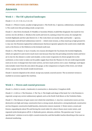 Coasts and Rivers Homework – AQA GCSE Geography