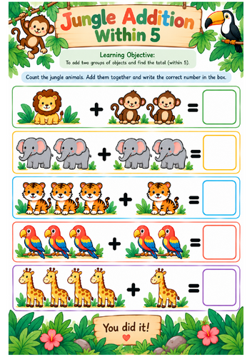 Jungle Addition Within 5 | Early Years & Reception Maths Worksheet ...