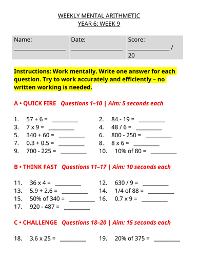 Year 6 Weekly Mental Maths - Mental Arithmetic Worksheet | Week 9