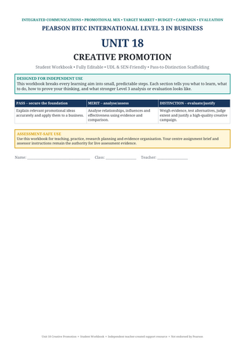 BTEC International Level 3 Business Unit 18 Creative Promotion | Editable Student Workbook