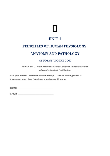BTEC Medical Science AAQ Unit 1 | Human Physiology, Anatomy & Pathology | 67-Page Workbook