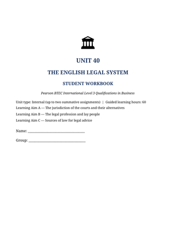 BTEC International Level 3 Business Unit 40 | The English Legal System | Law Workbook
