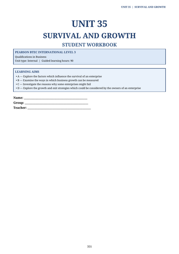 BTEC International Level 3 Enterprise Unit 35 | Survival & Growth | Editable Workbook