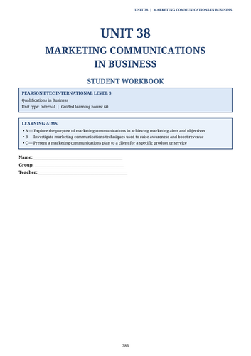 BTEC International Level 3 Unit 38 | Marketing Communications in Business | Workbook