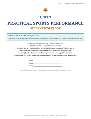 BTEC International Level 3 Sport Unit 9 | Practical Sports Performance | 49-Page Workbook