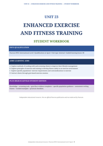 BTEC International Level 3 Sport Unit 23 | Enhanced Exercise & Fitness Training | Student Workbook