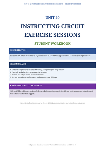 BTEC International Level 3 Sport Unit 20 | Instructing Circuit Exercise Sessions | Student Workbook