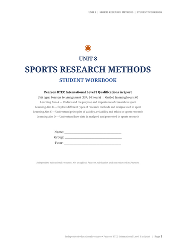 BTEC International Level 3 Sport Unit 8 | Sports Research Methods | 46-Page Editable Workbook