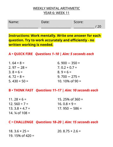 Year 6 Weekly Mental Maths - Mental Arithmetic Worksheet | Week 11