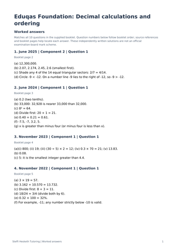 Eduqas GCSE Maths Foundation: Decimal calculations and ordering Exam ...