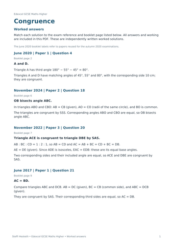 Edexcel GCSE Maths Higher: Congruence Exam Questions | 2017-2024 ...