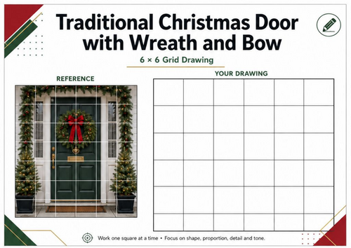 Christmas Door Decorations Grid Drawing Worksheets | 20 Festive Art ...