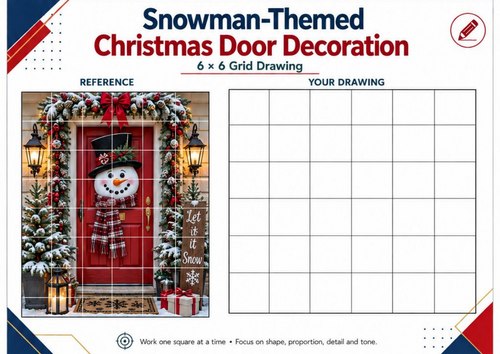 Snowman Christmas Door Grid Drawing Worksheet | Winter Art Activity ...