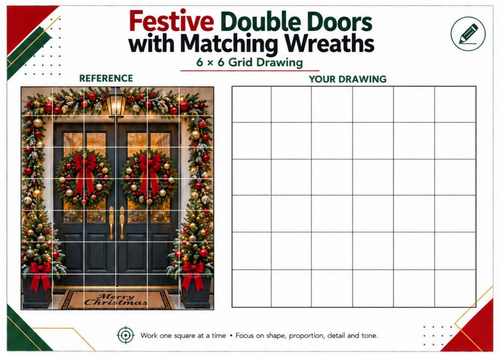 Christmas Double Doors Grid Drawing Worksheet | Festive Wreath Art ...
