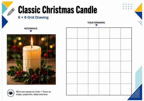 Christmas Candles Grid Drawing Worksheets | 20 Festive Drawing ...