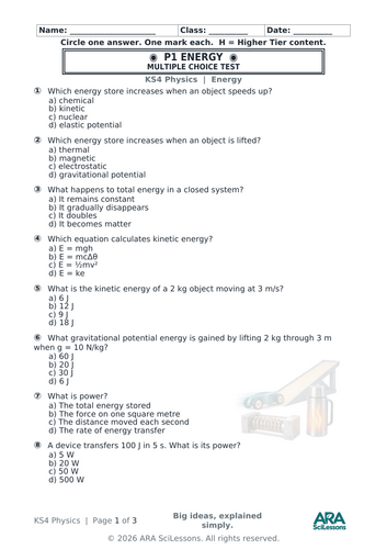 AQA GCSE Physics P1 Energy Quick Test with Answers | Teaching Resources