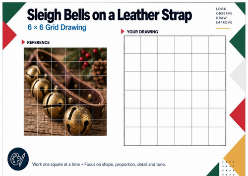 Sleigh Bells on Leather Strap Grid Drawing Worksheet | Christmas Art ...