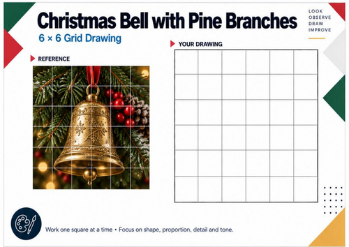 Christmas Bell with Pine Branches Grid Drawing Worksheet | KS3 KS4 Art ...