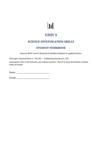 BTEC Level 3 Applied Science – Unit 3: Science Investigation Skills | 54-Page Editable Workbook