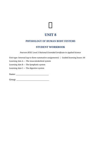 BTEC Level 3 Applied Science – Unit 8: Physiology of Human Body Systems | 37-Page Workbook