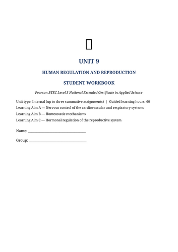 BTEC Level 3 Applied Science – Unit 9: Human Regulation and Reproduction | 39-Page Editable Workbook