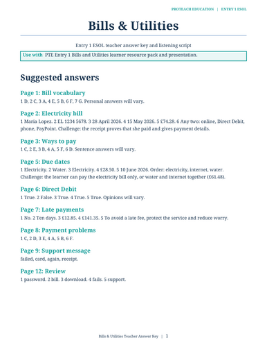 Entry 1 ESOL Bills & Utilities | Complete 3-Hour Lesson, Worksheets ...