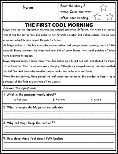 5th Grade Fall Reading Comprehension Passages and Questions Worksheets ...