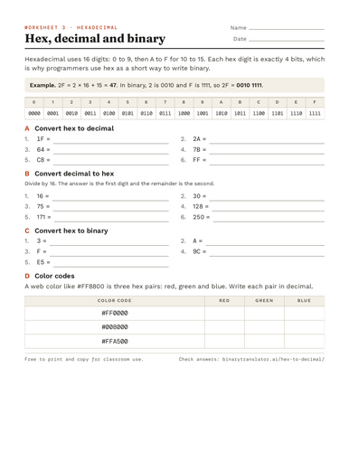 Binary, ASCII and hex worksheets with answers | Teaching Resources