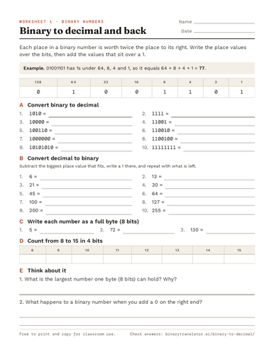 Binary, ASCII and hex worksheets with answers | Teaching Resources