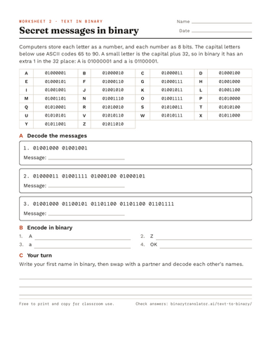 Binary, ASCII and hex worksheets with answers | Teaching Resources