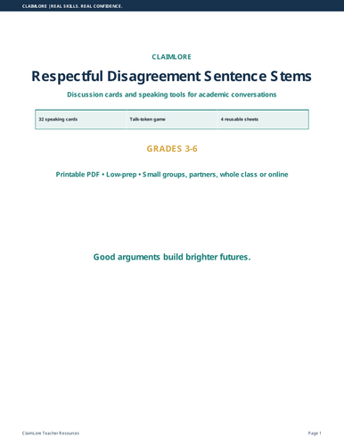 Respectful Disagreement Sentence Stems | Speaking and Listening Grades 3-6