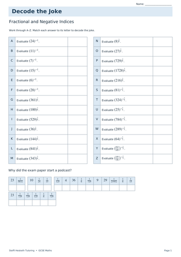 Fractional and Negative Indices | GCSE Decode the Joke + Answers ...