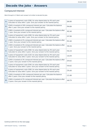Compound Interest | GCSE Decode the Joke + Answers | Teaching Resources