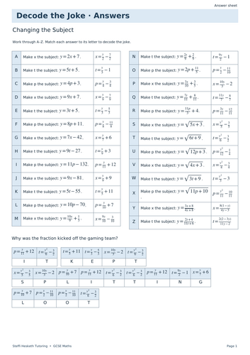 Changing the Subject | GCSE Decode the Joke + Answers | Teaching Resources