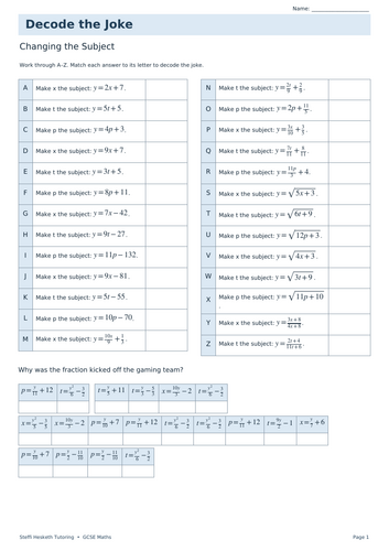 Changing the Subject | GCSE Decode the Joke + Answers | Teaching Resources