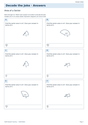 Area of a Sector | GCSE Decode the Joke + Answers | Teaching Resources