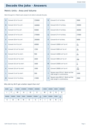 Metric Units - Area and Volume | GCSE Decode the Joke + Answers ...