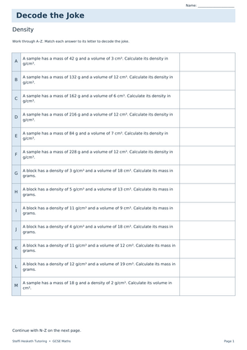 Density | GCSE Decode the Joke + Answers | Teaching Resources