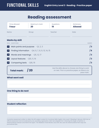 Functional Skills English Entry Level 3 Reading Practice Paper + Mark ...