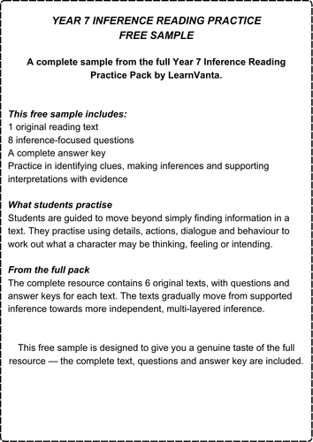 Year 7 Inference Reading Practice FREE Sample | KS3 English | 1 text ...