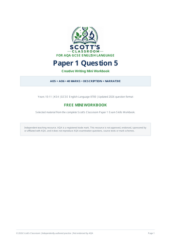 FREE AQA English P1 Q5 Writing Workbook | Teaching Resources