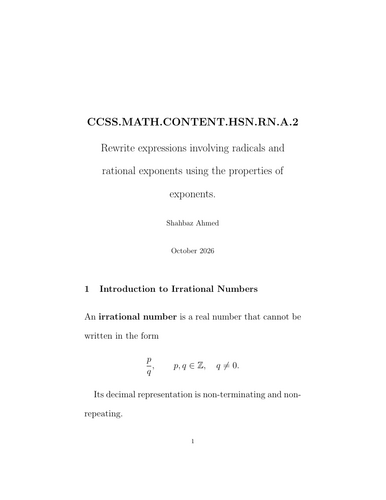 CCSS.MATH.CONTENT.HSN.RN.A.2.      Rewrite expressions involving radicals and rational exponents usi