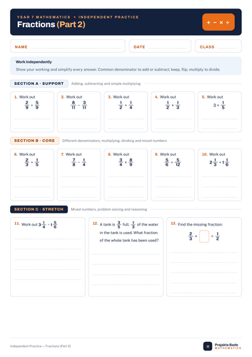 Year 7 Maths | Fractions 2 | Practice | Teaching Resources