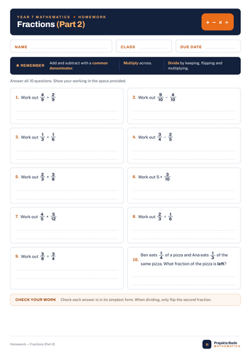 Year 7 Maths | Fractions 2 | Homework | Teaching Resources